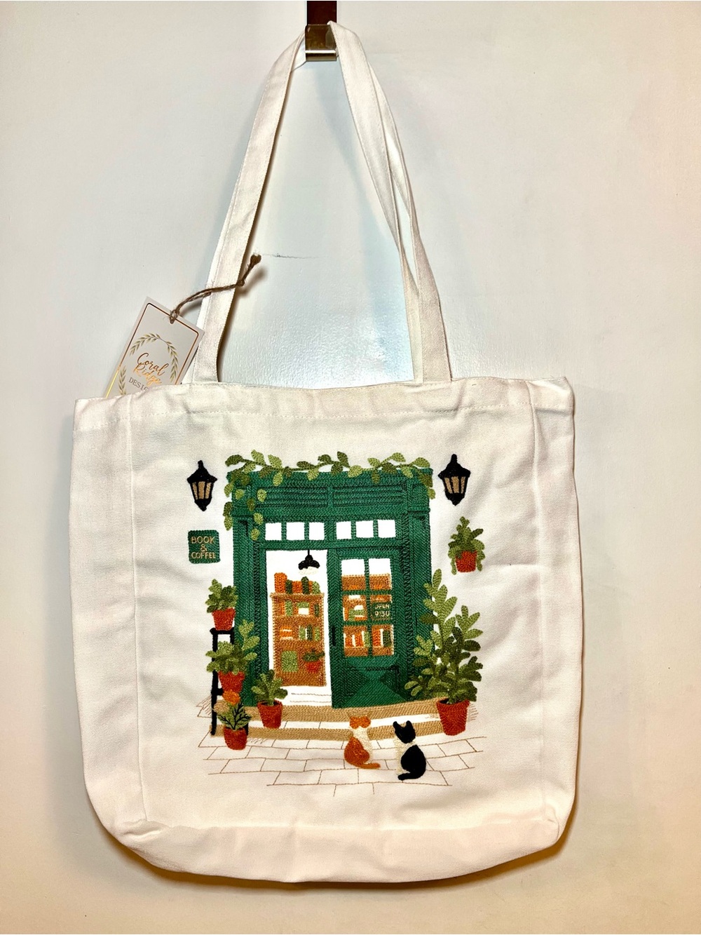 Bookstore & Coffee Embroidered Canvas Tote Bag Books Cats Plants Kitty